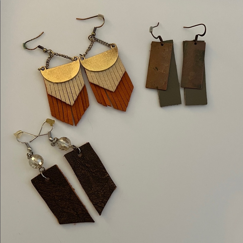 Source Unknown Gold and Brown Fringe Earrings Trio